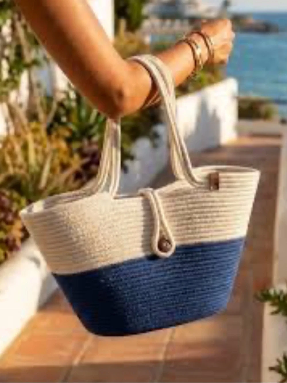 Woven Two-Tone White and Blue Rope Tote beach Bag